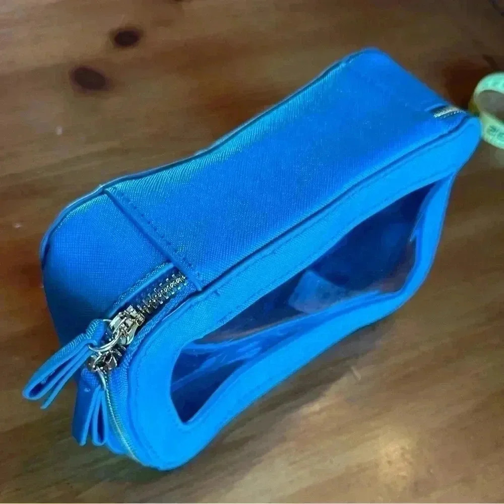 Cosmetic Travel Bag with see through front Teal Blue with Gold Zipper - Picture 3 of 4